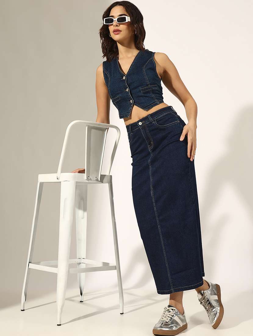 women solid denim top and skirt co-ord set - 22180044 -  Standard Image - 1