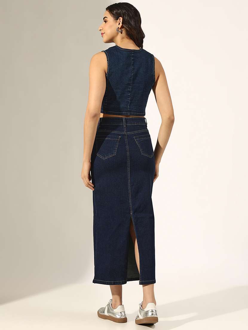women solid denim top and skirt co-ord set - 22180044 -  Standard Image - 4
