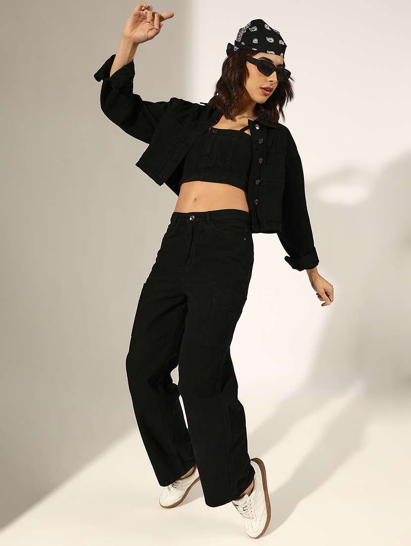 women solid denim top and trouser co-ord set