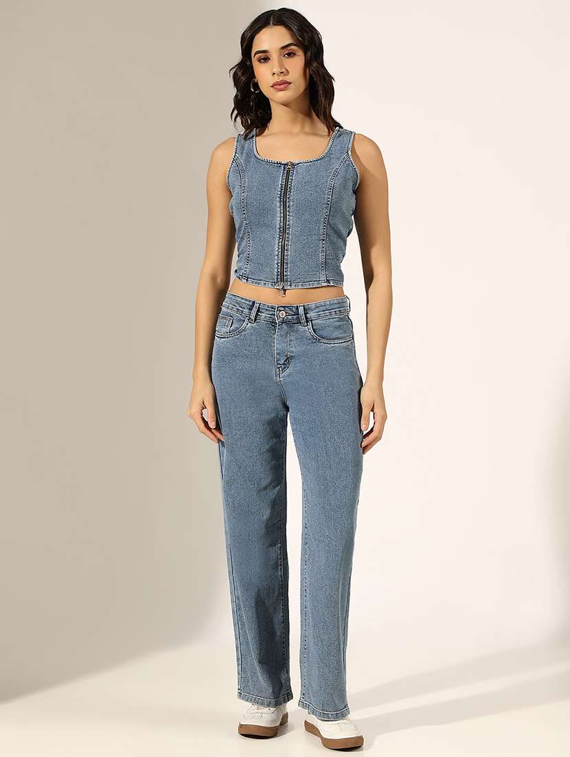 women solid denim top and trouser co-ord set - 22180048 -  Standard Image - 1