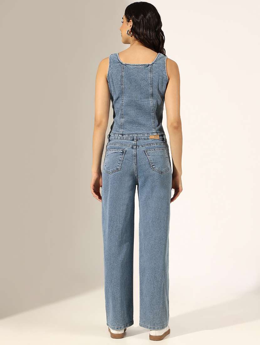 women solid denim top and trouser co-ord set - 22180048 -  Standard Image - 4