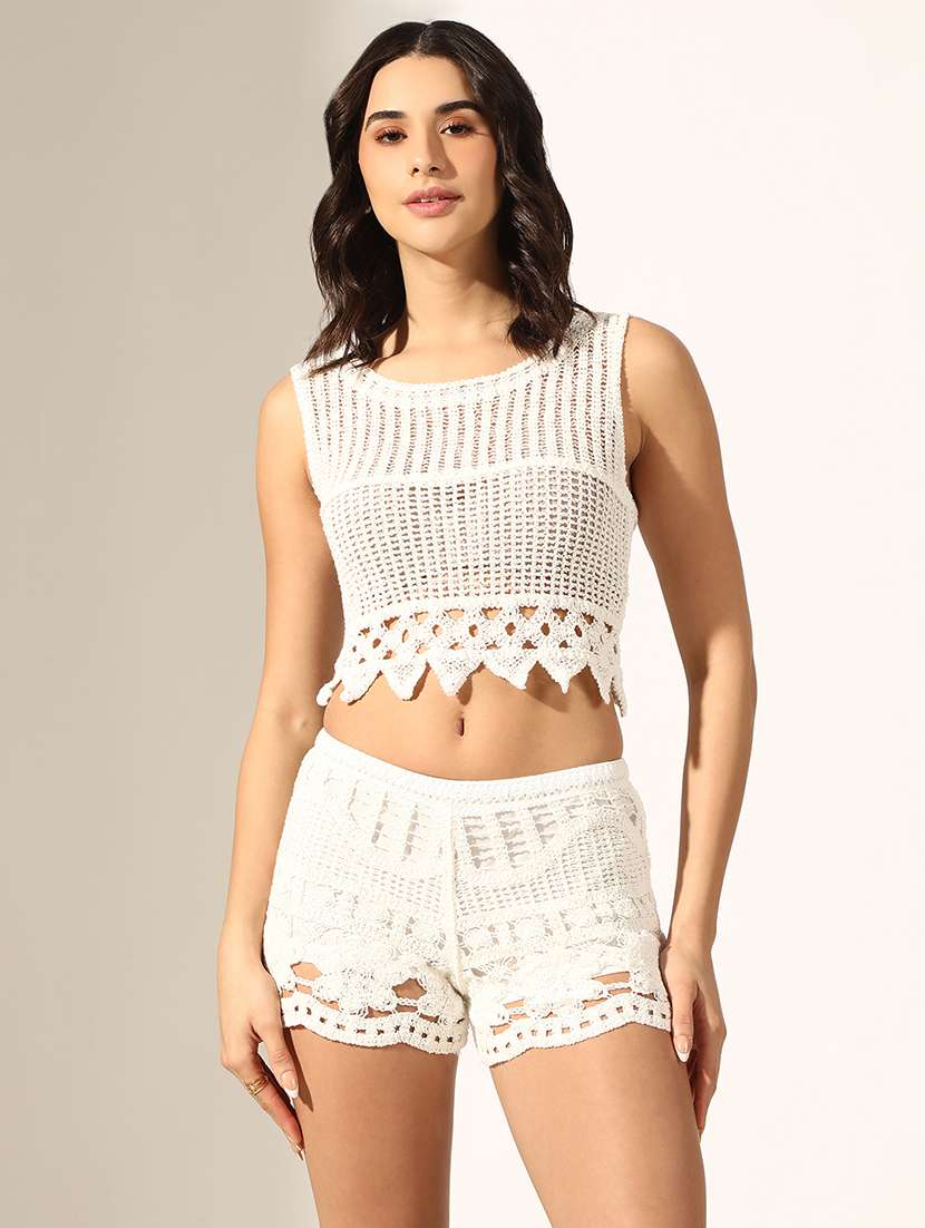 women solid crochet top and short co-ord set - 22180049 -  Standard Image - 1