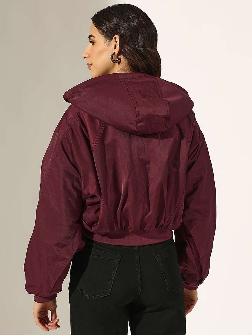 women solid long sleeve hooded crop bomber jacket - 22180061 -  Standard Image - 4