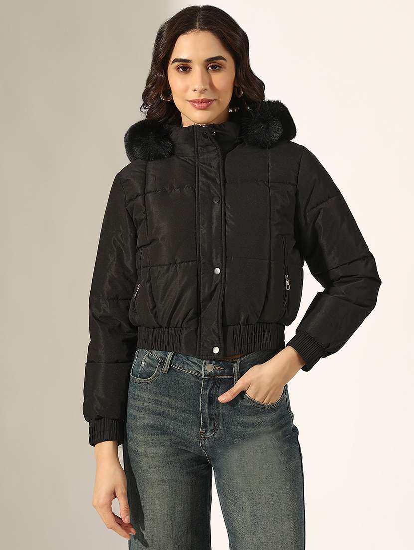 women solid long sleeve hooded quilted jacket - 22180068 -  Standard Image - 1
