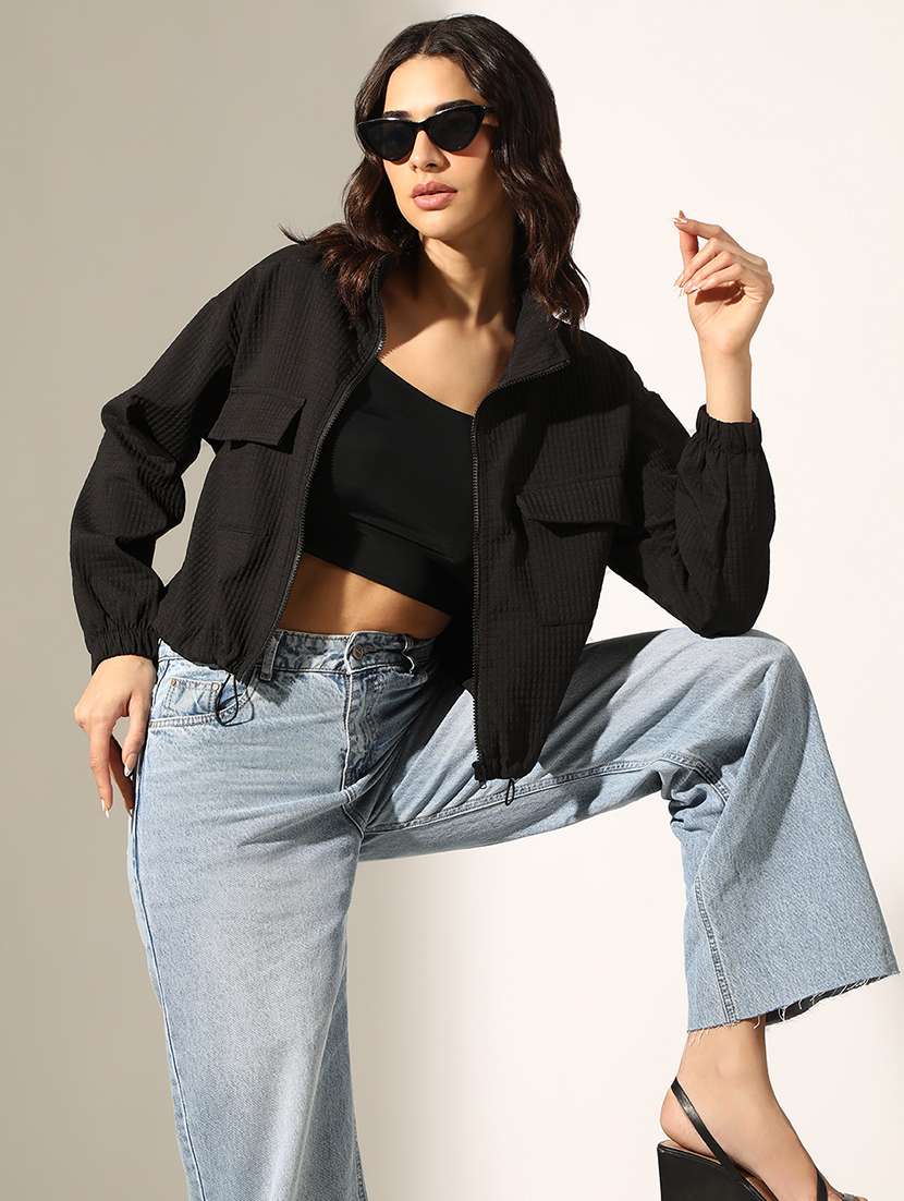 women black long sleeve stand collar jacket - 22180069 -  Standard Image - 1