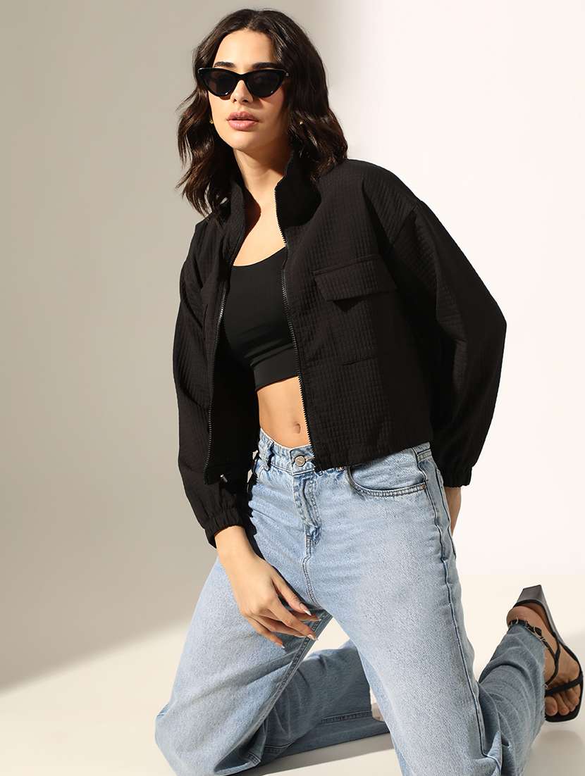 women black long sleeve stand collar jacket - 22180069 -  Standard Image - 4