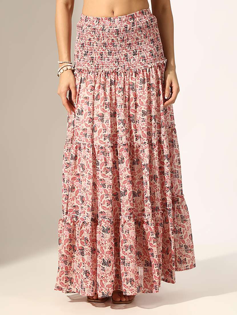 women printed high rise tiered skirt