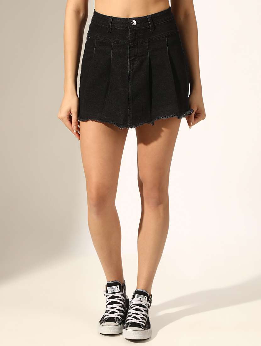 women solid mid rise denim pleated skirt - 22180106 -  Standard Image - 1