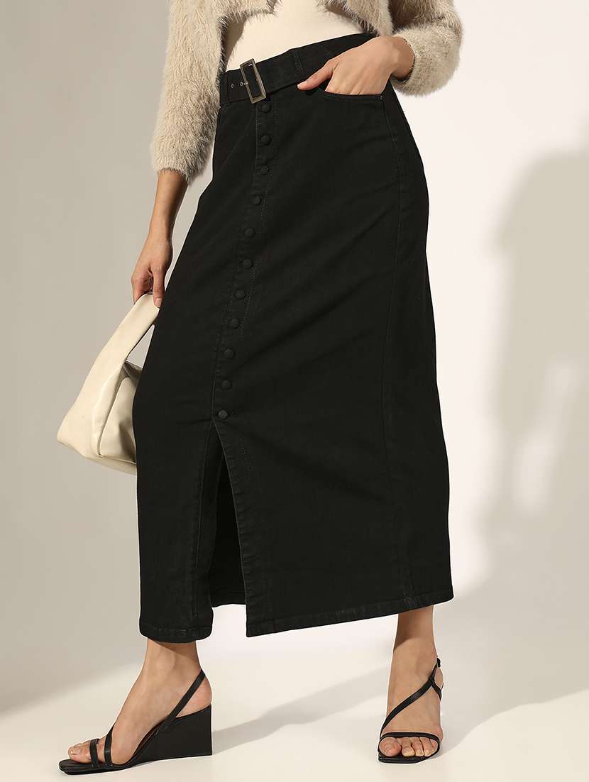 women solid mid rise denim skirt