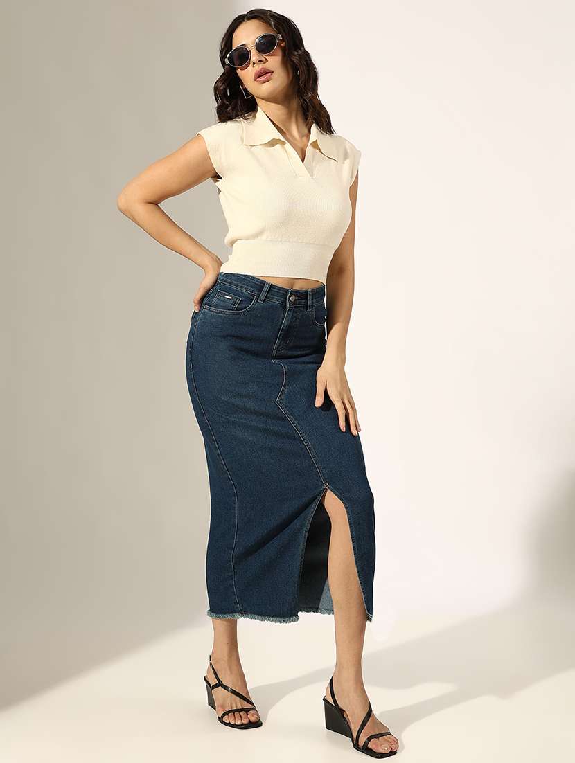 women solid mid rise denim skirt - 22180110 -  Standard Image - 4
