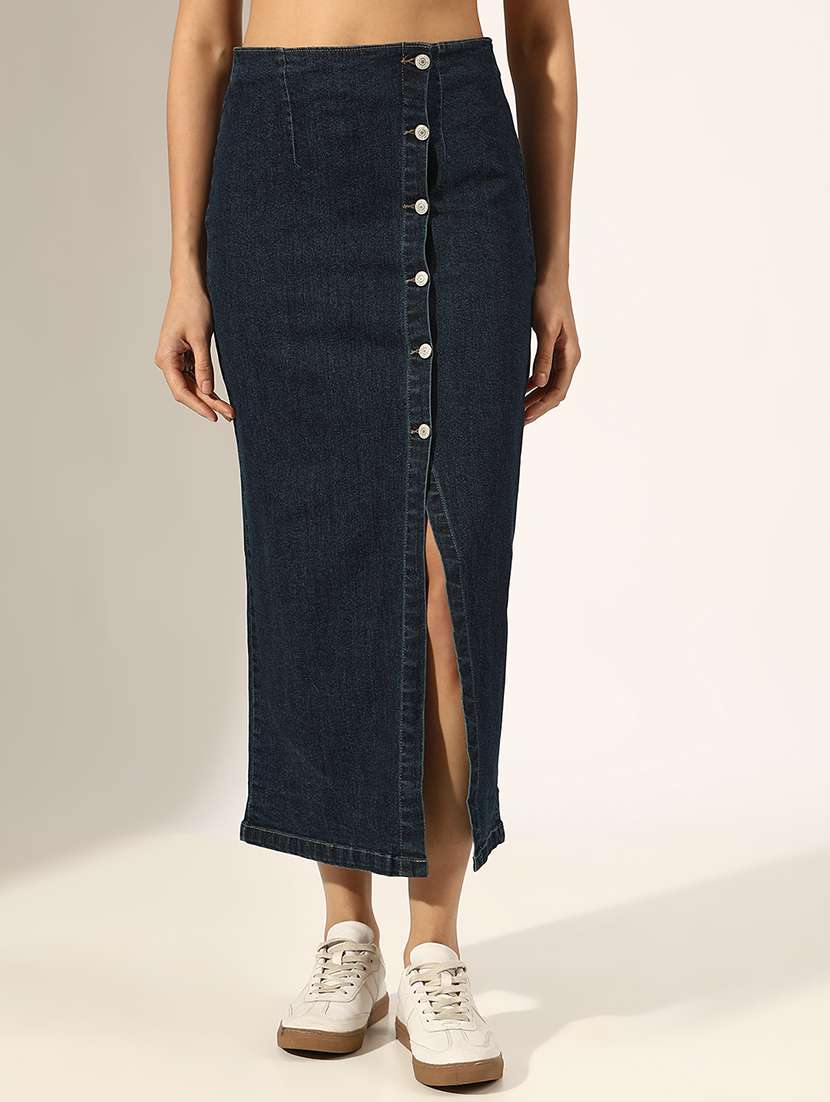 women solid high rise denim skirt - 22180113 -  Standard Image - 1