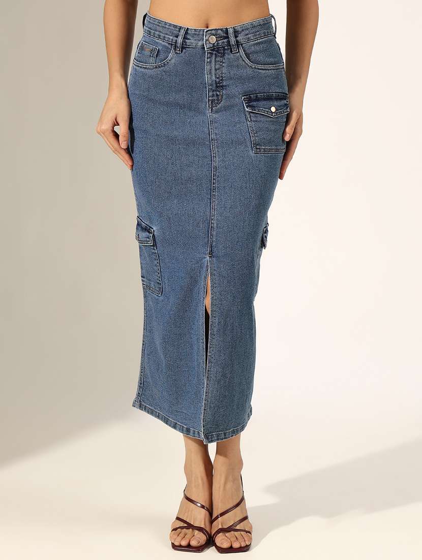 women solid high rise denim cargo skirt - 22180114 -  Standard Image - 1
