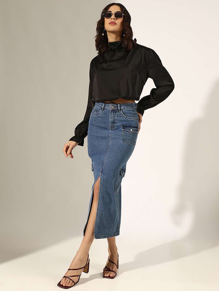 women solid high rise denim cargo skirt - 22180114 -  Standard Image - 4