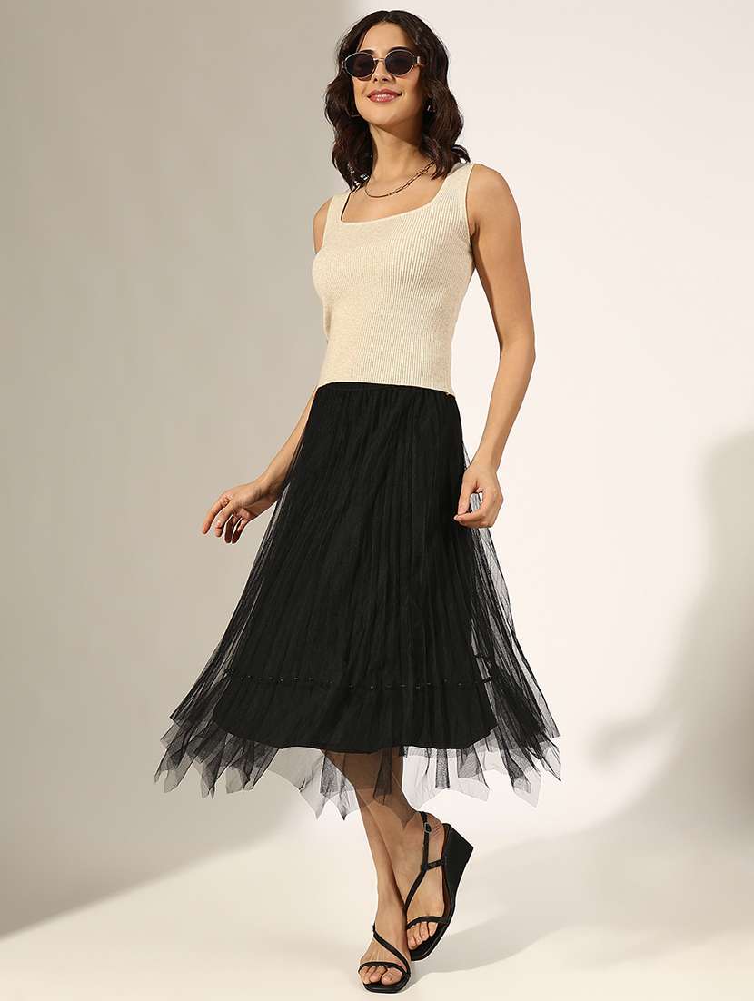 women black solid net flared skirt - 22180119 -  Standard Image - 4