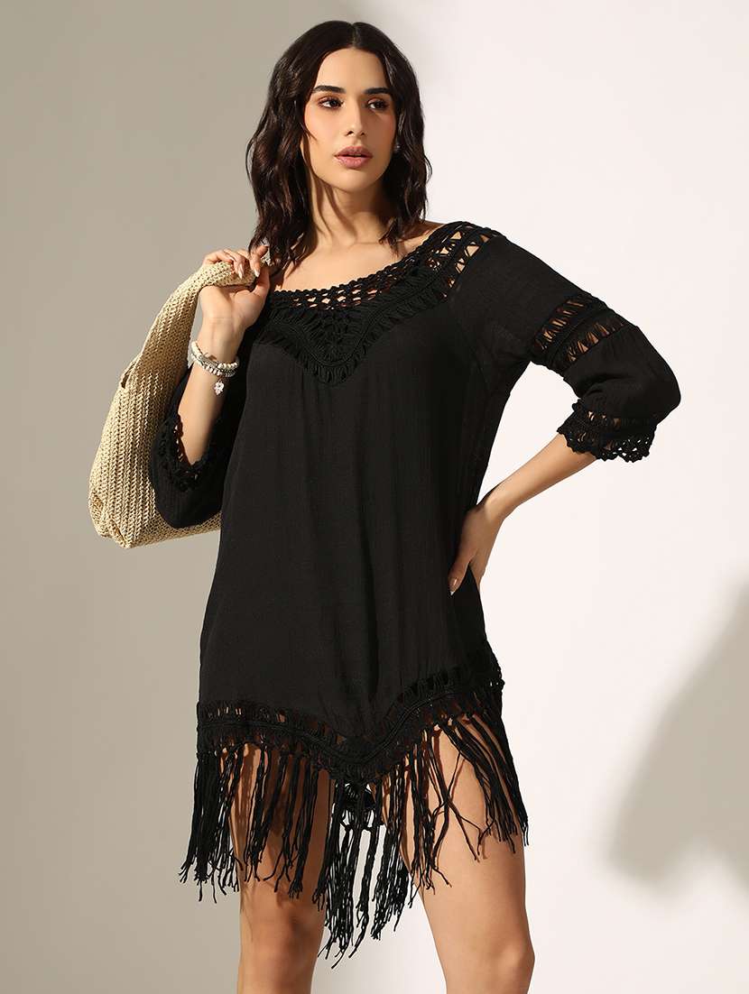women self designed fringed detailed a-line dress - 22180124 -  Standard Image - 1