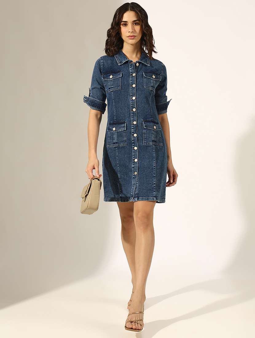 women solid denim shirt dress