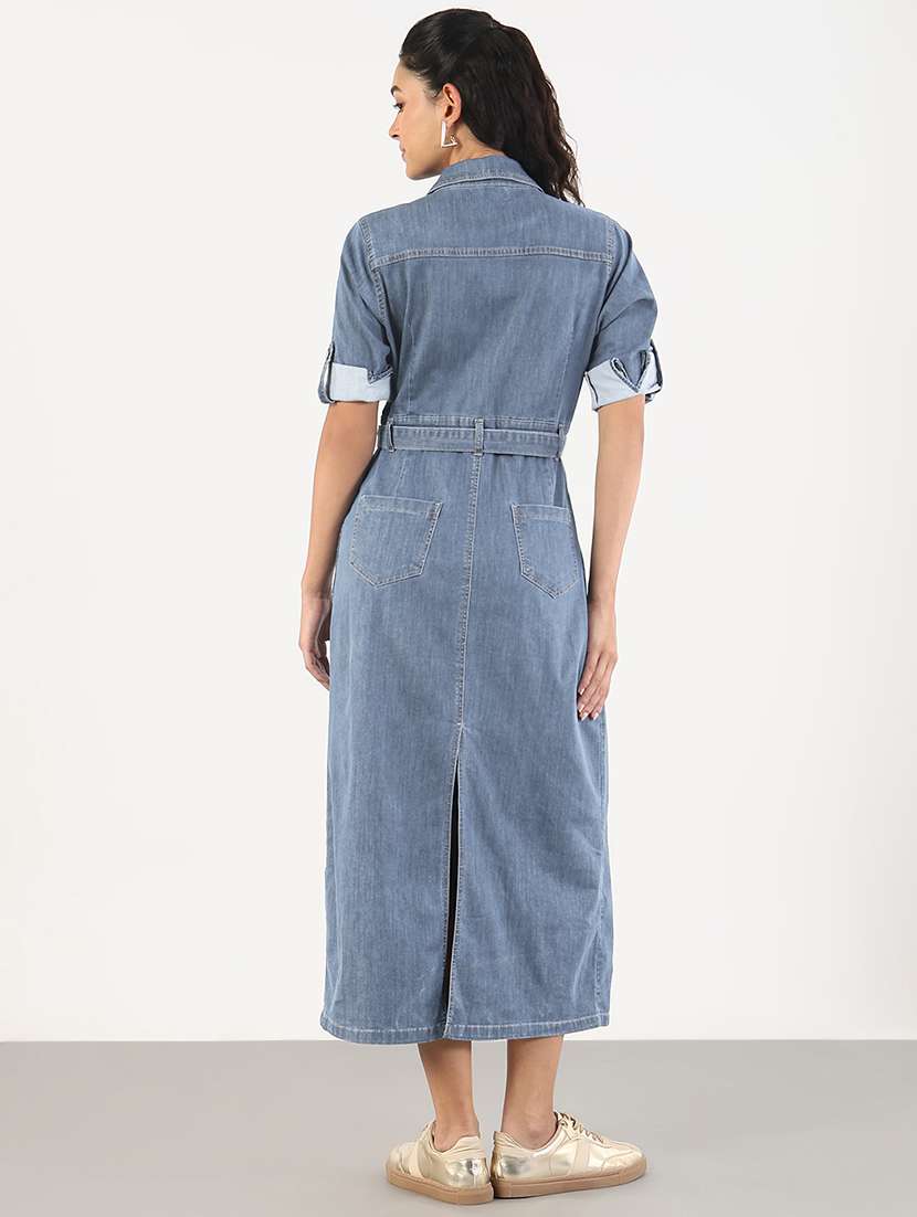 women solid denim a-line dress - 22180139 -  Standard Image - 4