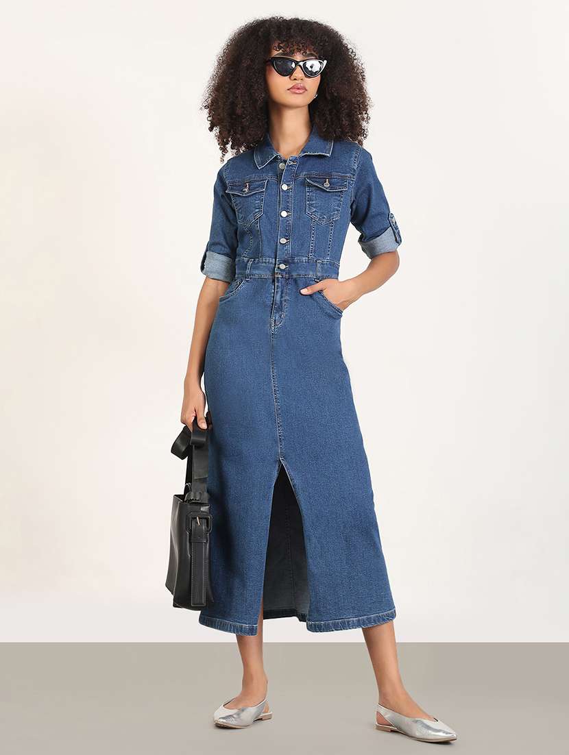 women solid denim a-line dress