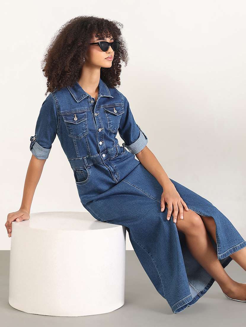 women solid denim a-line dress - 22180140 -  Standard Image - 1