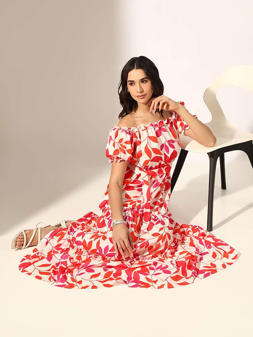women printed off shoulder tiered dress - 22180151 -  Standard Image - 1