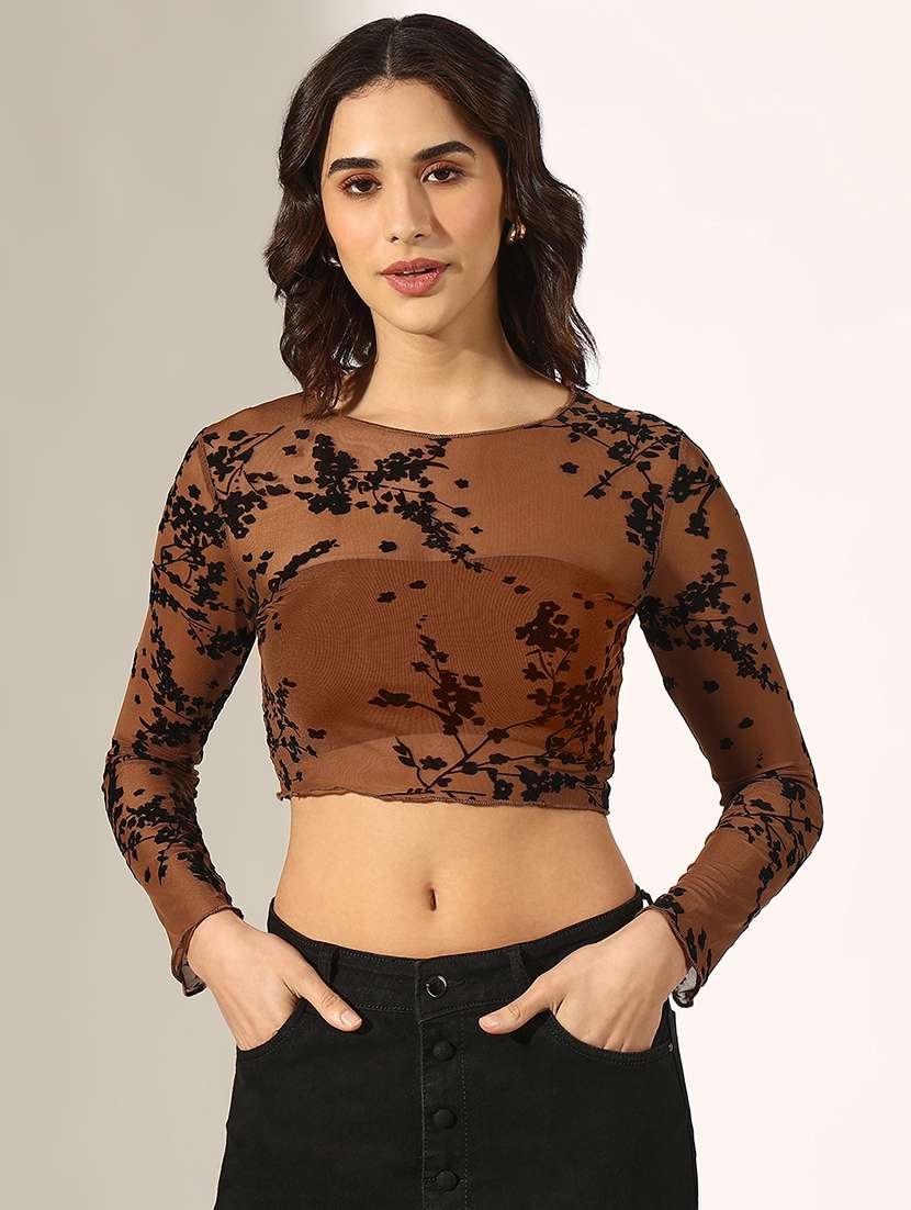 women printed long sleeve crop top - 22180161 -  Standard Image - 1