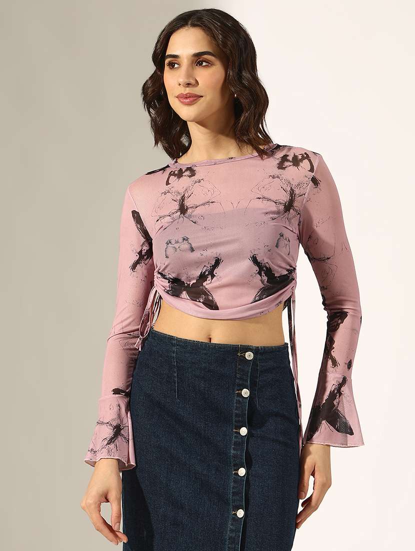 women printed long sleeve crop ruched top - 22180176 -  Standard Image - 1