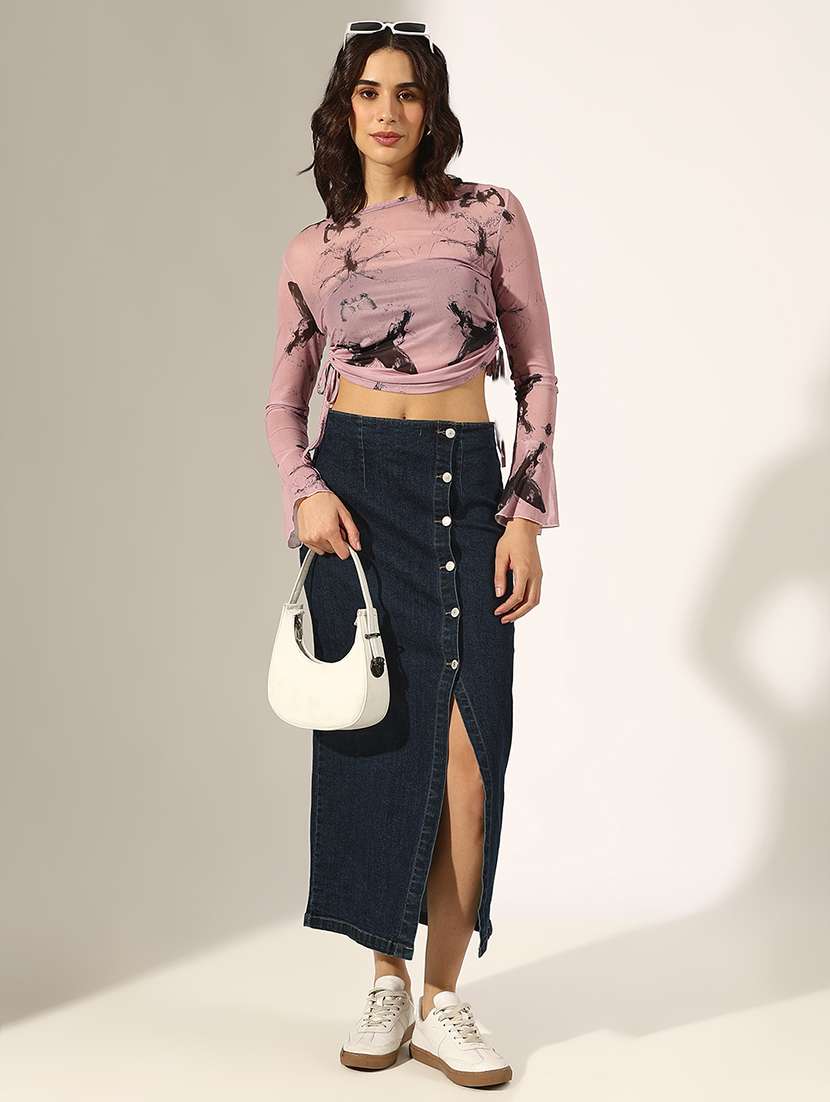 women printed long sleeve crop ruched top - 22180176 -  Standard Image - 4