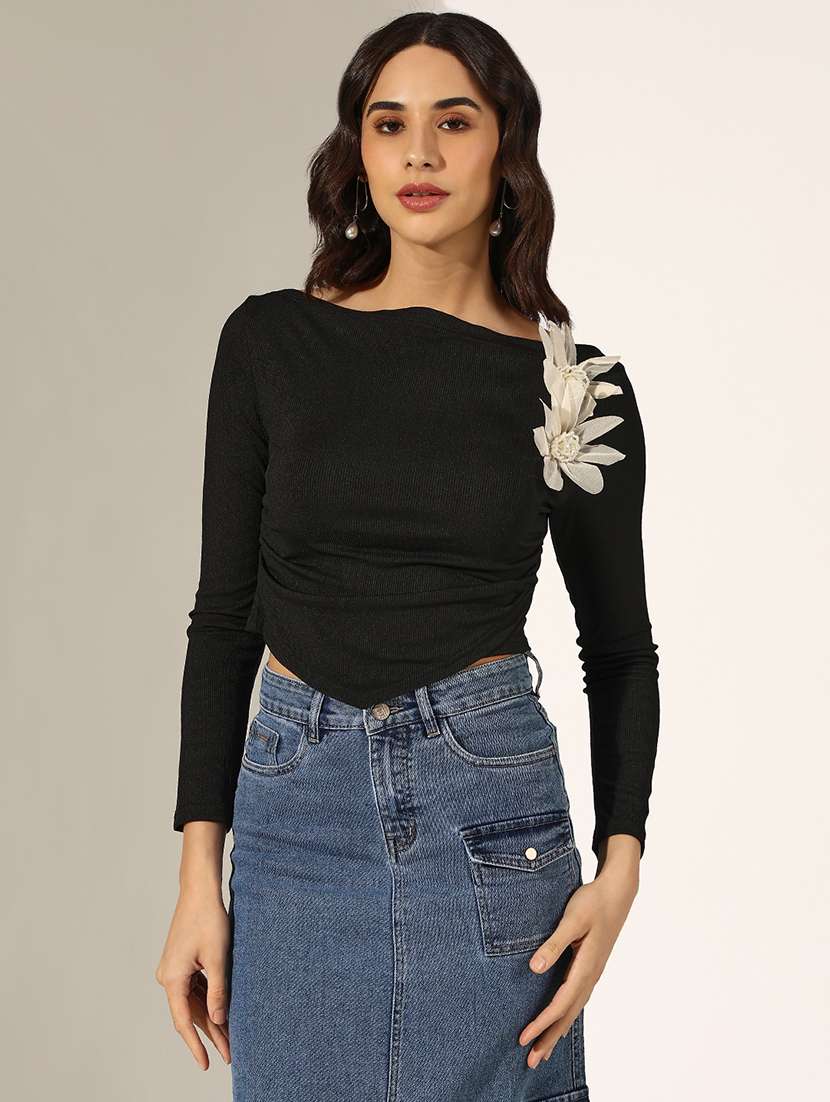 women solid long sleeve crop top - 22180177 -  Standard Image - 1