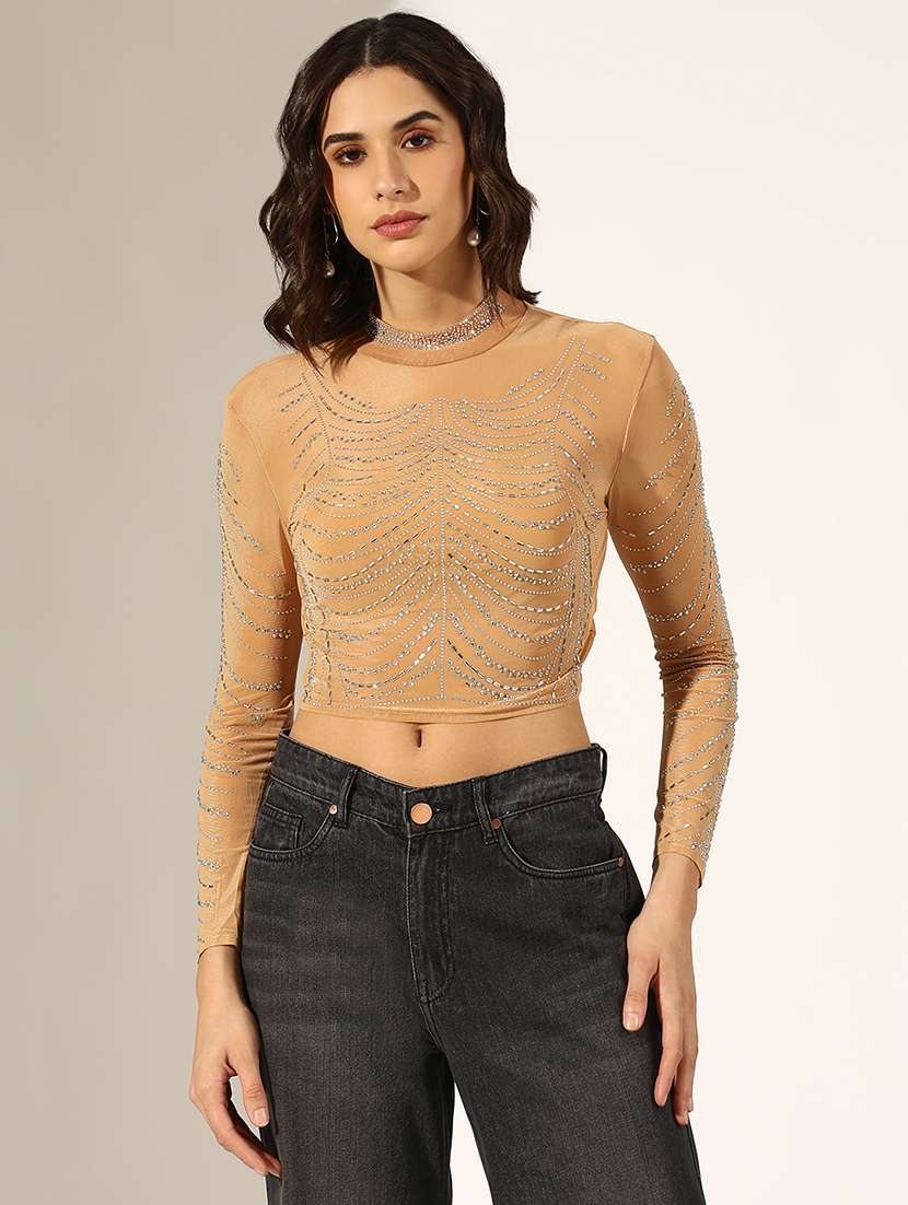 women embellished long sleeve crop top - 22180179 -  Standard Image - 1
