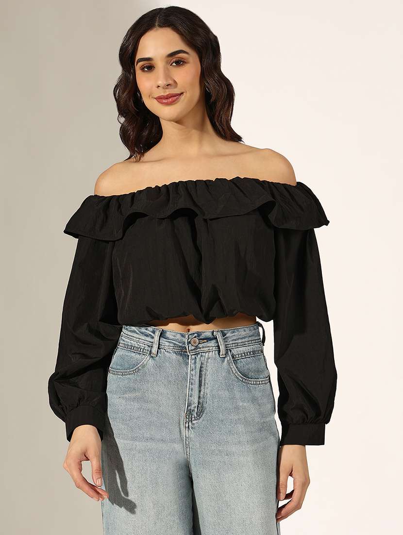 women black solid off shoulder crop top - 22180180 -  Standard Image - 1