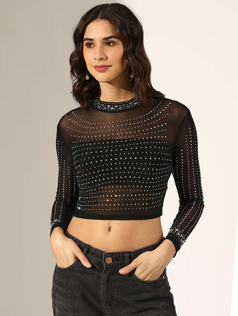 women embellished long sleeve crop top - 22180181 -  Standard Image - 1