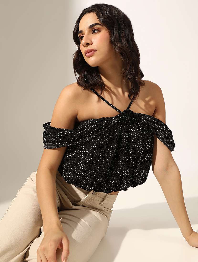 women black polka doted off shoulder crop top - 22180189 -  Standard Image - 1