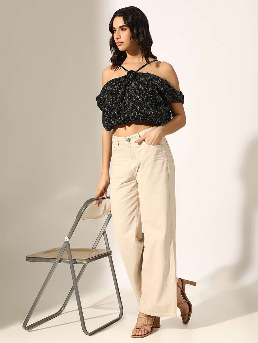 women black polka doted off shoulder crop top - 22180189 -  Standard Image - 4
