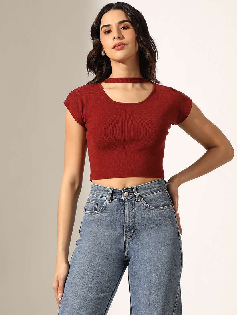 women solid short sleeve crop top - 22180191 -  Standard Image - 1