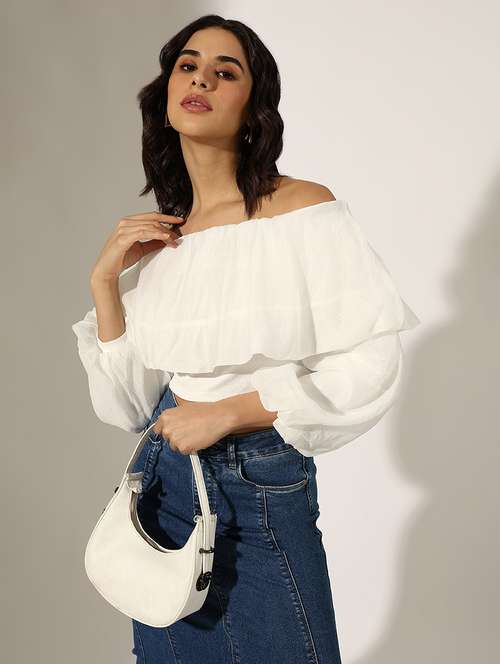 women solid off shoulder crop top - 22180196 -  Standard Image - 0