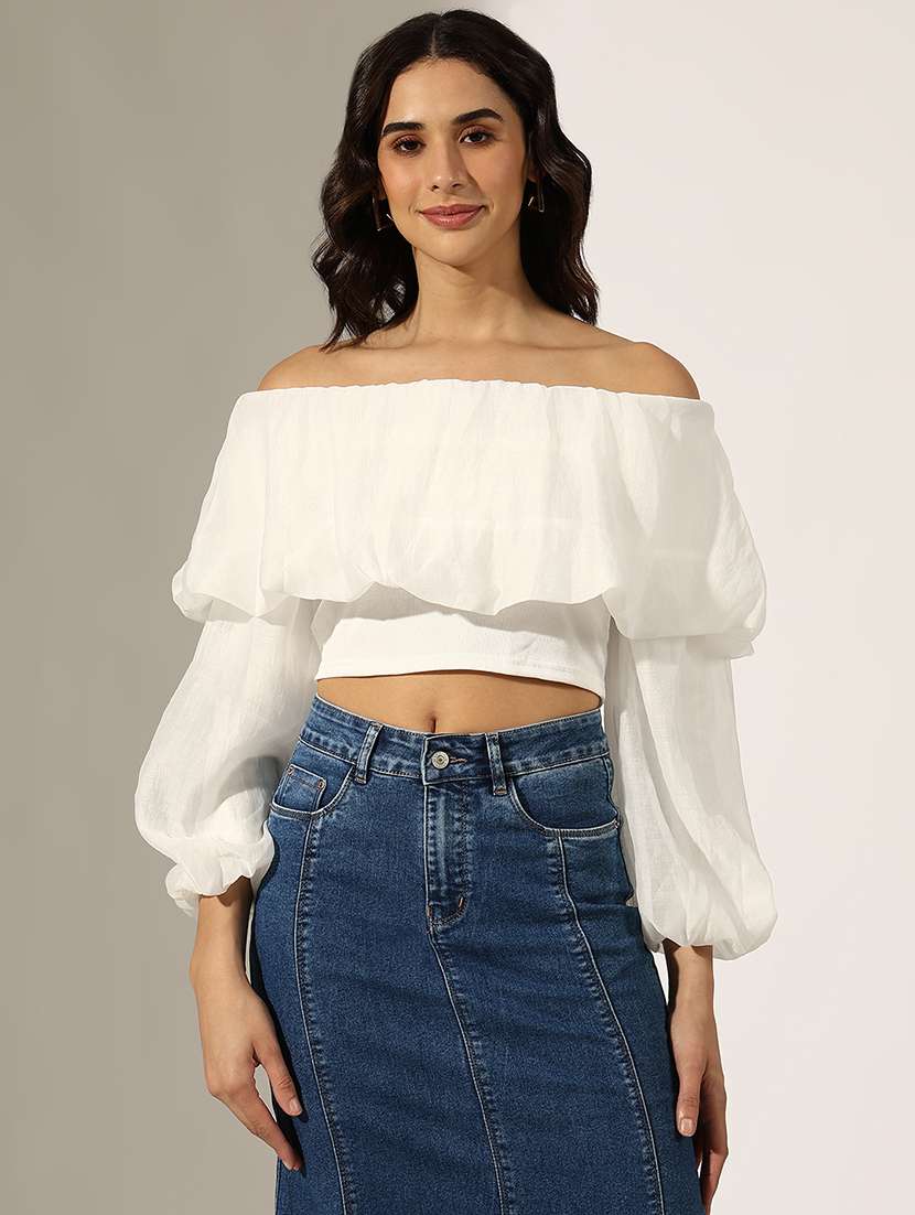 women solid off shoulder crop top - 22180196 -  Standard Image - 1