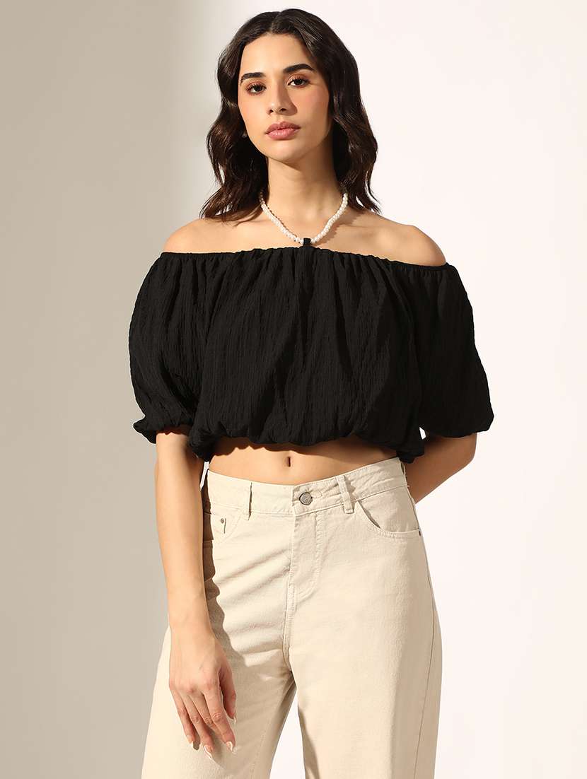 women black solid off shoulder crop top - 22180197 -  Standard Image - 1