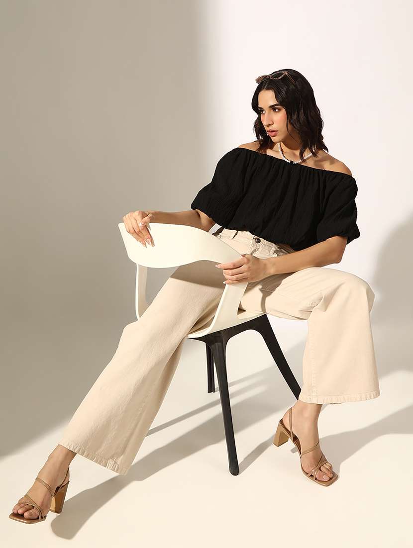 women black solid off shoulder crop top - 22180197 -  Standard Image - 4