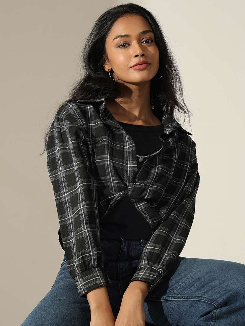 women checkered long sleeve crop shirt top