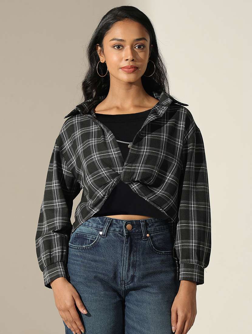 women checkered long sleeve crop shirt top - 22180203 -  Standard Image - 1