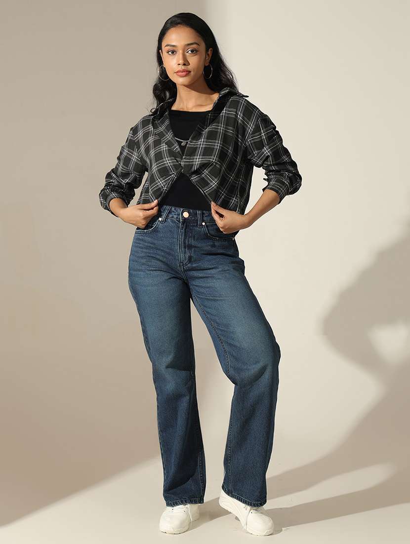 women checkered long sleeve crop shirt top - 22180203 -  Standard Image - 4