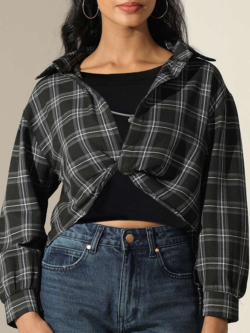 women checkered long sleeve crop shirt top - 22180203 -  Standard Image - 6