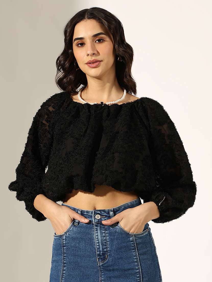 women self designed long sleeve crop top - 22180208 -  Standard Image - 1