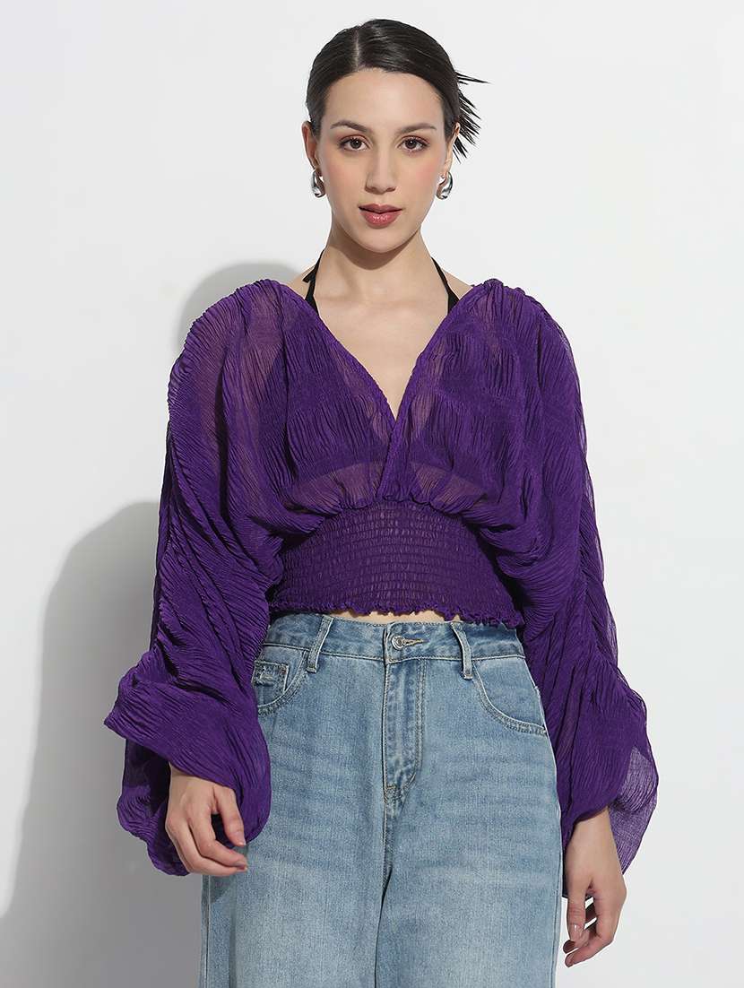women solid batwing sleeve sheer blouson top - 22180215 -  Standard Image - 1