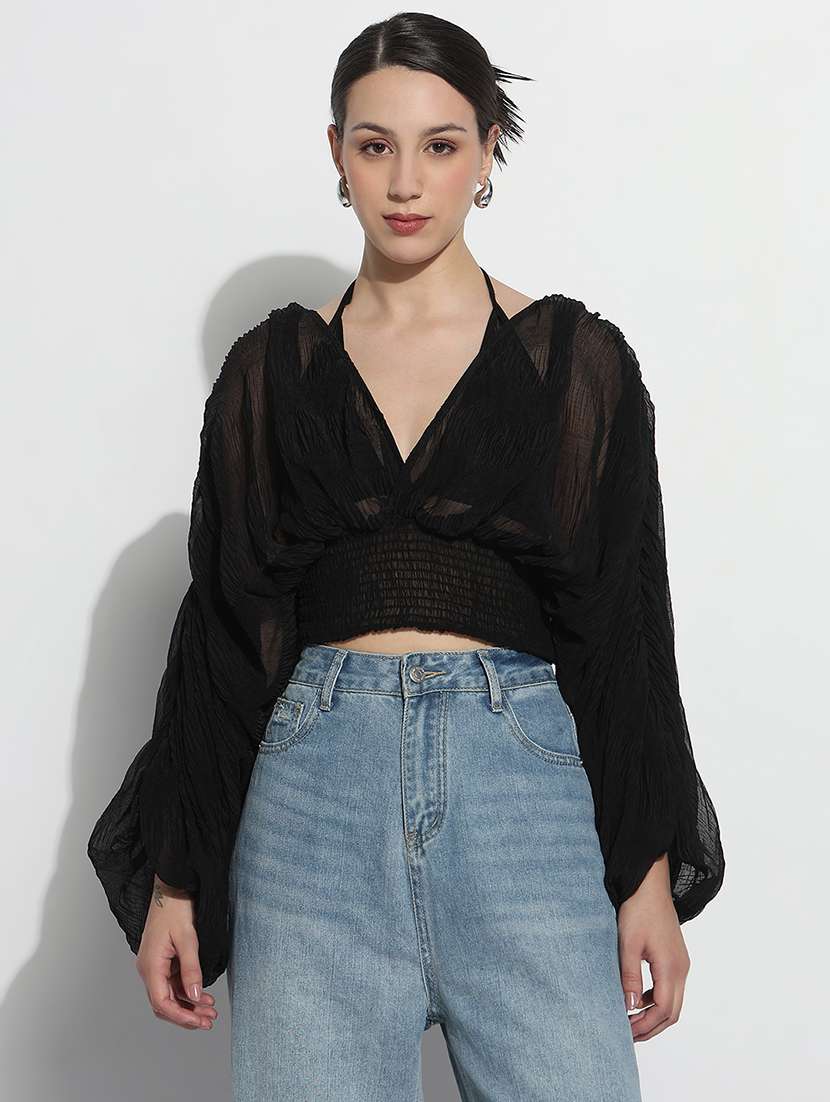 women solid batwing sleeve sheer blouson top - 22180216 -  Standard Image - 1