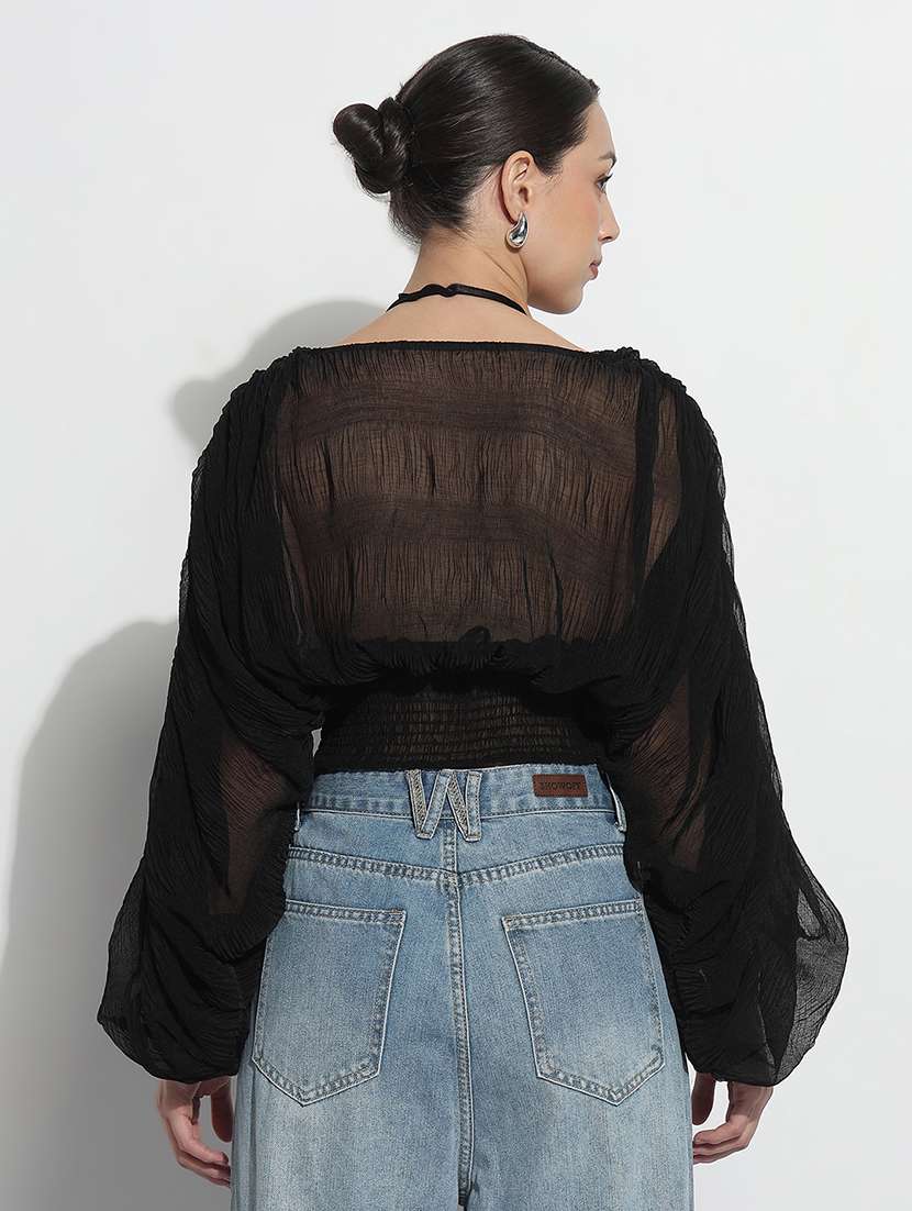 women solid batwing sleeve sheer blouson top - 22180216 -  Standard Image - 4