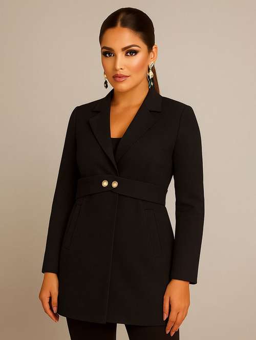 women solid lapel collar long sleeve over coat - 22180223 -  Standard Image - 0