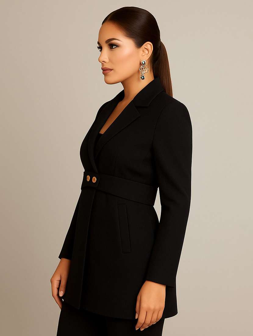 women solid lapel collar long sleeve over coat - 22180223 -  Standard Image - 1