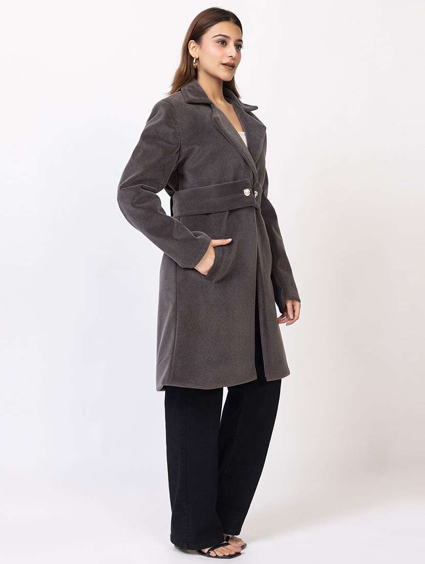 women solid lapel collar long sleeve trench coat - 22180231 -  Standard Image - 1