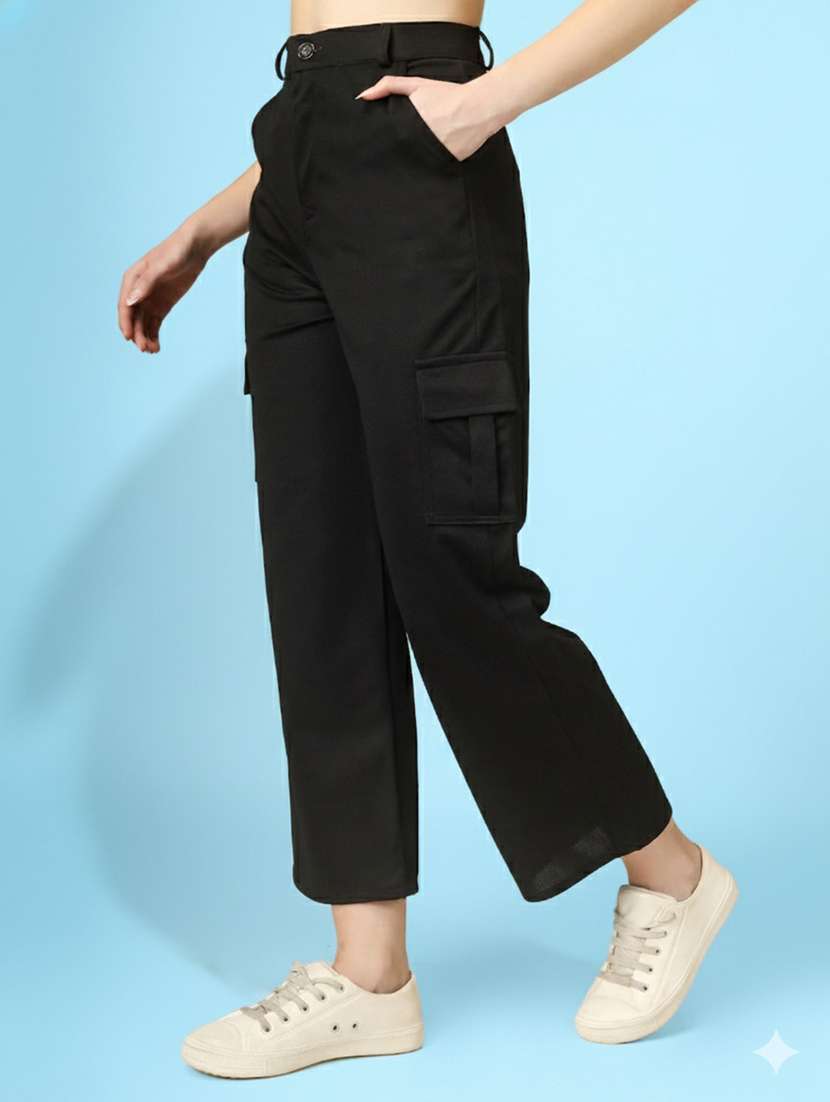 women solid high rise relaxed fit cargo - 22180263 -  Standard Image - 1